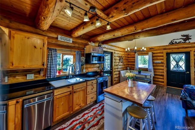 kitchen featuring beam ceiling, dark wood-type flooring, stainless steel appliances, wooden ceiling, and log walls