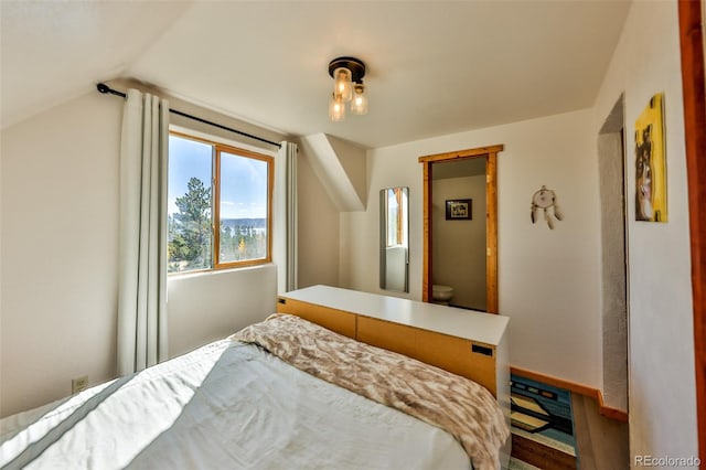 bedroom featuring ensuite bath, hardwood / wood-style flooring, and lofted ceiling