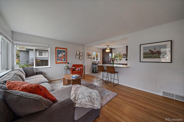 living room featuring hardwood / wood-style flooring and ceiling fan