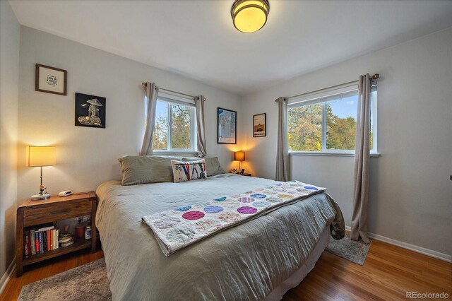 bedroom with hardwood / wood-style floors and multiple windows