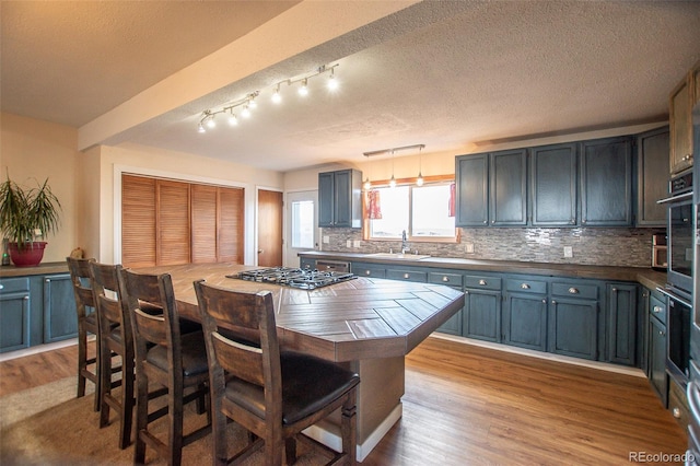 kitchen with light hardwood / wood-style floors, hanging light fixtures, appliances with stainless steel finishes, backsplash, and rail lighting