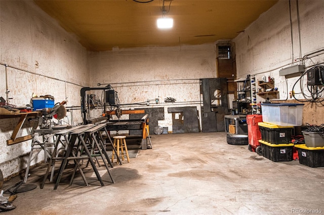 garage with a workshop area