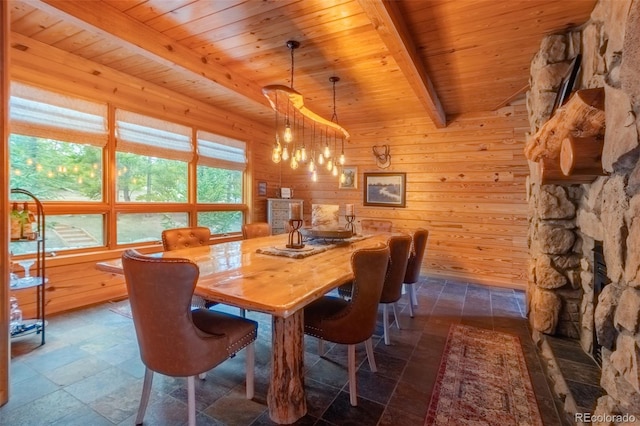 114 Gcr 4624, Grand Lake, CO 80447 - dining room with wood ceiling with exposed beams, wood walls, stone tile flooring, and a chandelier