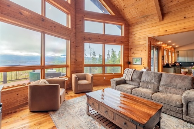 114 Gcr 4624, Grand Lake, CO 80447 - living room featuring light wood finished floors, wooden walls, wooden ceiling, and high vaulted ceiling