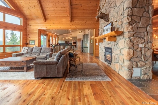 114 Gcr 4624, Grand Lake, CO 80447 - living room featuring a fireplace, high vaulted ceiling, wood finished floors, wooden ceiling with exposed beams, and wood walls