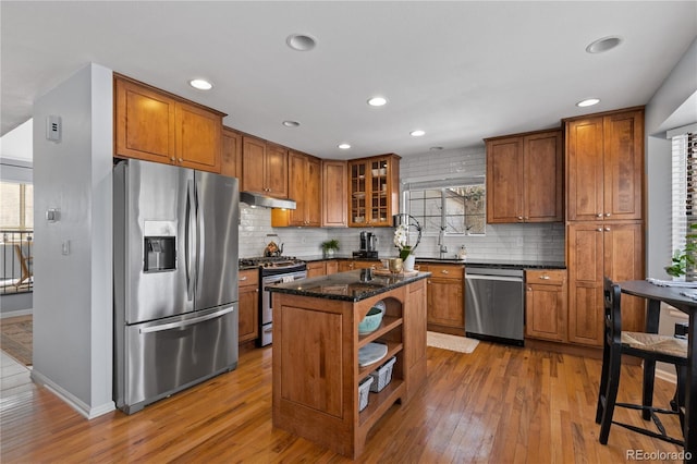 kitchen with under cabinet range hood, light wood-type flooring, brown cabinets, plenty of natural light, and stainless steel appliances