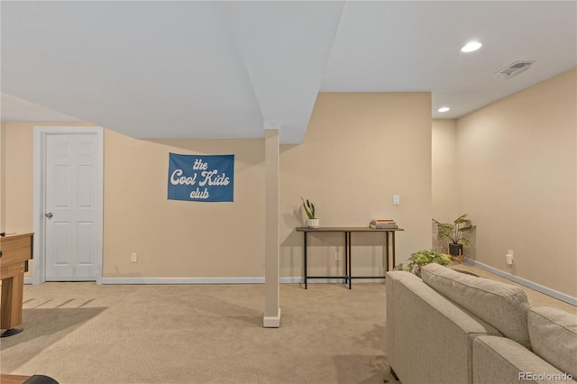 interior space with visible vents, recessed lighting, baseboards, and carpet