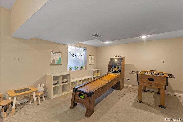 recreation room with visible vents, baseboards, and carpet flooring