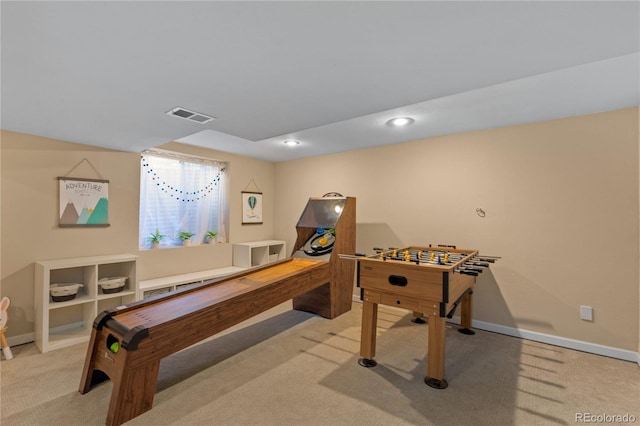 game room with recessed lighting, visible vents, light colored carpet, and baseboards