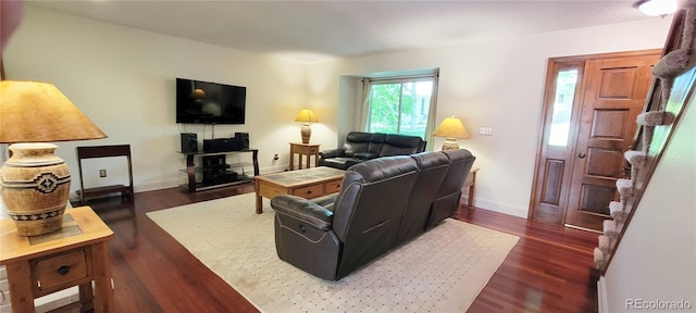 living room with dark hardwood / wood-style floors