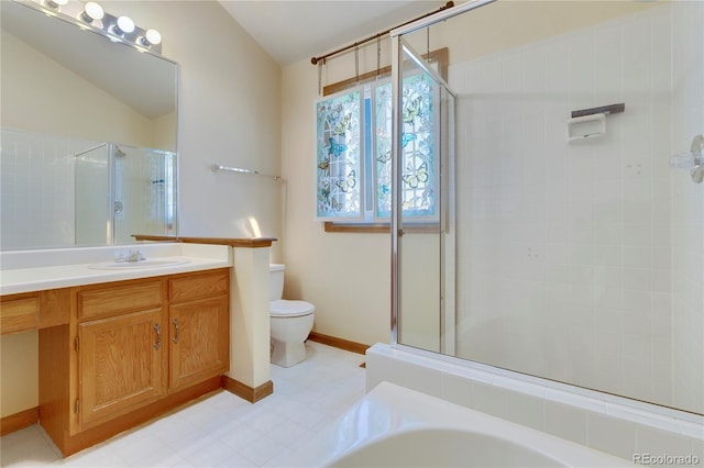 full bathroom featuring plus walk in shower, vanity, vaulted ceiling, and toilet