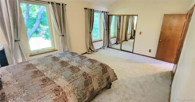 carpeted bedroom with lofted ceiling and a closet