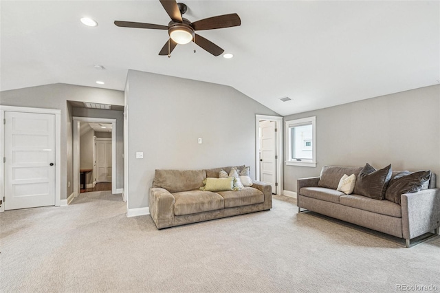 carpeted living room with a ceiling fan, baseboards, recessed lighting, lofted ceiling, and visible vents
