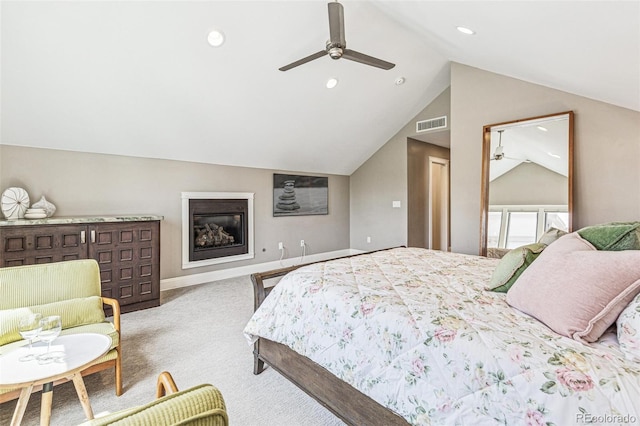 carpeted bedroom featuring ceiling fan, visible vents, recessed lighting, baseboards, and vaulted ceiling