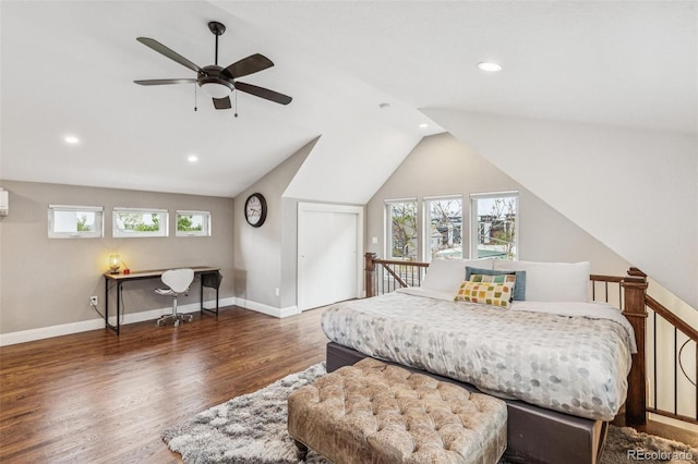 bedroom featuring recessed lighting, baseboards, a ceiling fan, wood finished floors, and vaulted ceiling