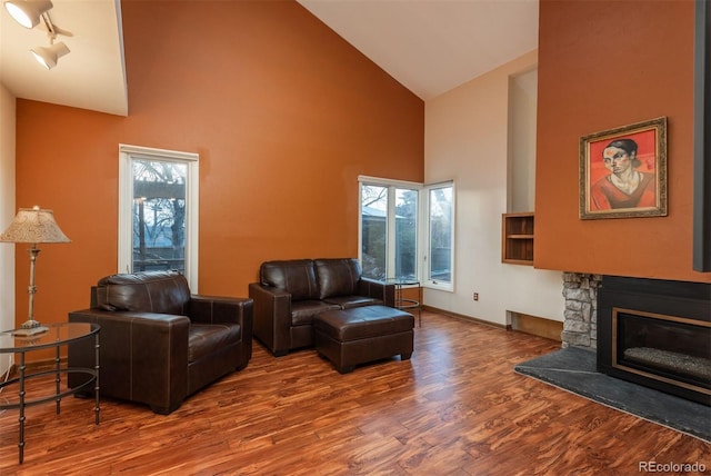 living room with wood finished floors, high vaulted ceiling, a stone fireplace, and plenty of natural light