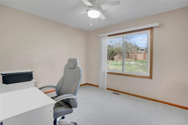 5603 S Pagosa Ct, Centennial, CO 80015 - office area with visible vents, carpet flooring, baseboards, and a ceiling fan