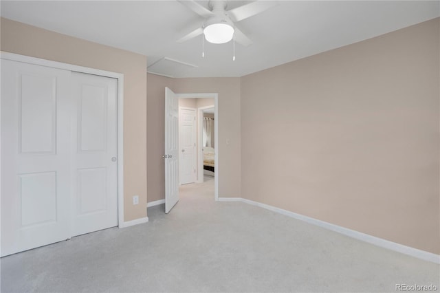 5603 S Pagosa Ct, Centennial, CO 80015 - unfurnished bedroom with light colored carpet, a ceiling fan, baseboards, and a closet