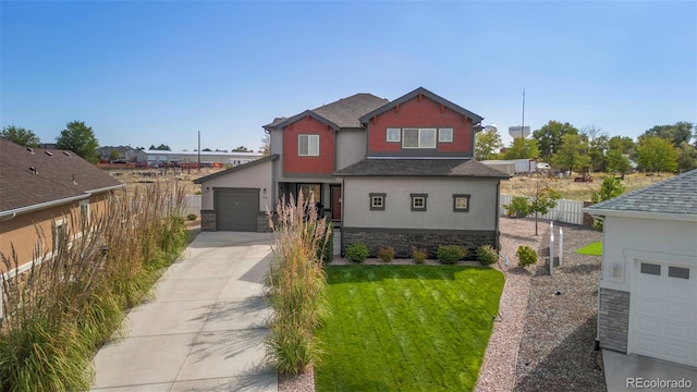 craftsman-style house with stucco siding, stone siding, concrete driveway, and fence