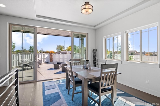 dining area with baseboards and wood finished floors