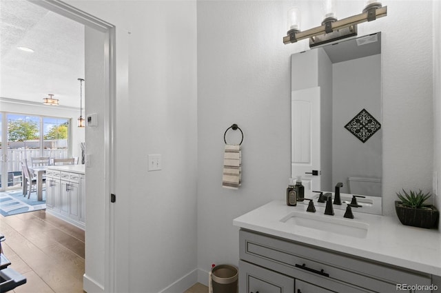 bathroom with wood finished floors and vanity