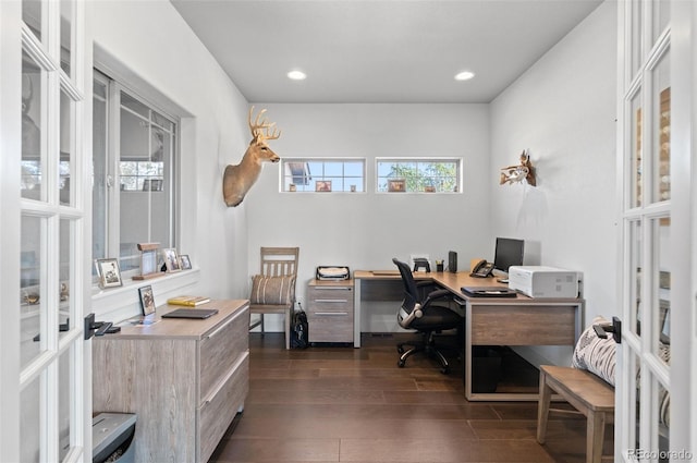 office space featuring dark wood-type flooring, recessed lighting, and french doors