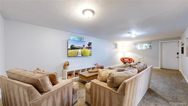 living room featuring a textured ceiling and carpet floors