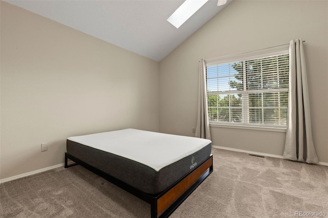 18171 E Arizona Ave Unit B, Aurora, CO 80017 - bedroom with a skylight, light carpet, baseboards, and lofted ceiling
