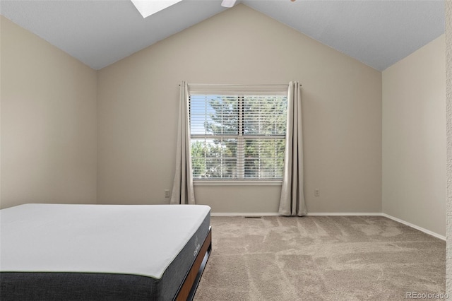 18171 E Arizona Ave Unit B, Aurora, CO 80017 - bedroom featuring a skylight, lofted ceiling, light carpet, and baseboards