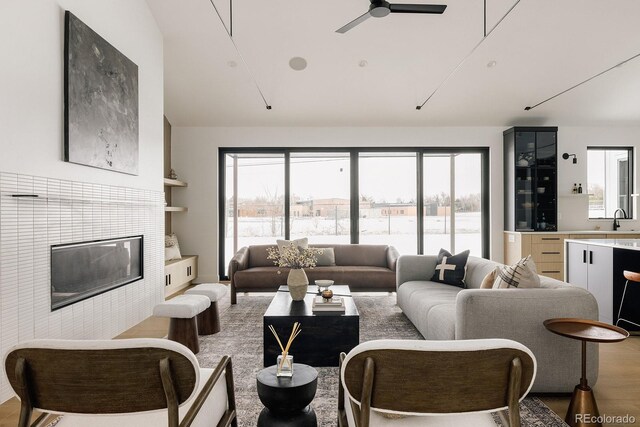 living room with sink, a wealth of natural light, and a fireplace