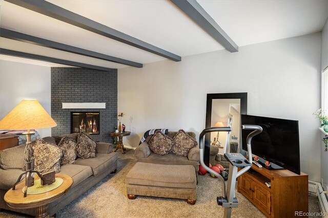 carpeted living room with a baseboard heating unit, a fireplace, and vaulted ceiling with beams