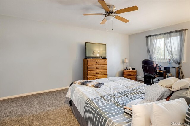 bedroom with ceiling fan and carpet floors