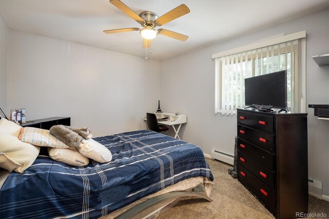 bedroom with baseboard heating, light carpet, and ceiling fan