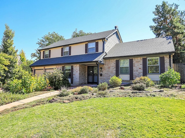 view of property featuring a garage and a front lawn