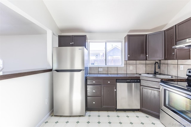 3570 Center Ave, Denver, CO 80219 - kitchen featuring stainless steel appliances, dark brown cabinetry, light floors, and backsplash