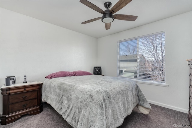 bedroom featuring a ceiling fan, dark carpet, and baseboards