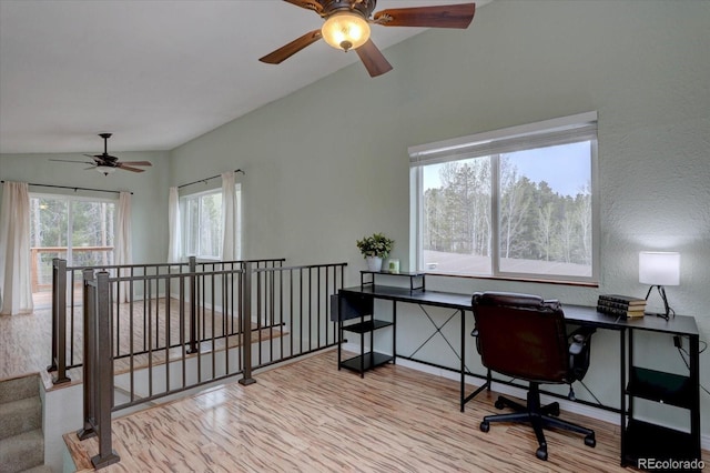 9288 Krashin Dr, Conifer, CO 80433 - office area with ceiling fan, lofted ceiling, and wood finished floors