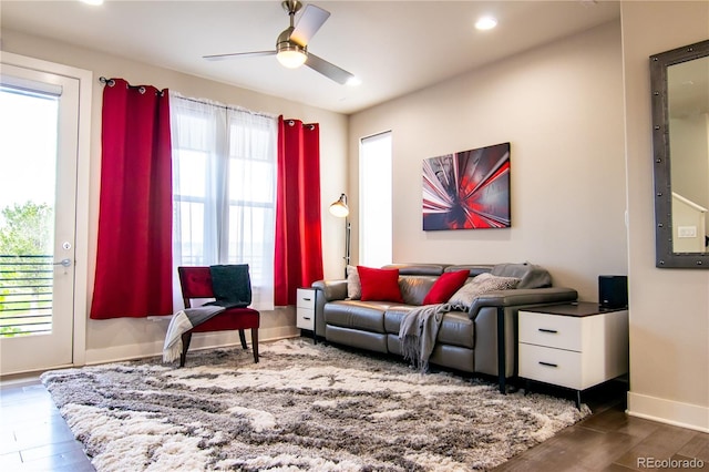 15878 E Broncos Pl, Englewood, CO 80112 - living area with ceiling fan, wood finished floors, baseboards, and recessed lighting