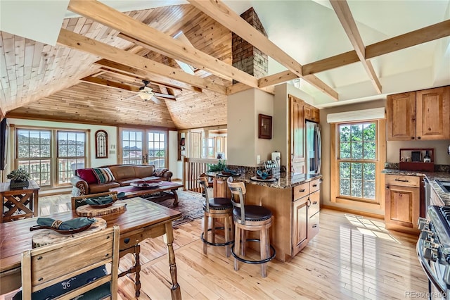 903 High Rd, Manitou Springs, CO 80829 - kitchen featuring appliances with stainless steel finishes, plenty of natural light, light wood-type flooring, wooden ceiling, and dark stone counters