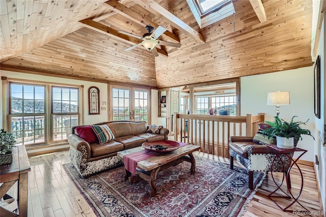 903 High Rd, Manitou Springs, CO 80829 - living room with a wooden ceiling with exposed beams, a skylight, a ceiling fan, high vaulted ceiling, and wood finished floors