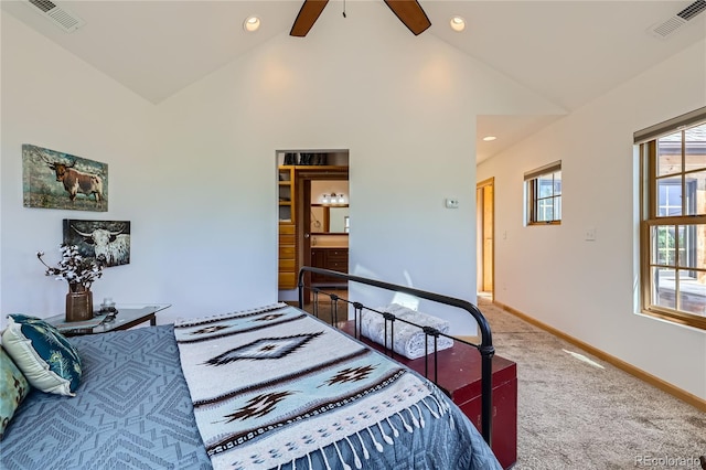 903 High Rd, Manitou Springs, CO 80829 - bedroom with carpet floors, ceiling fan, high vaulted ceiling, and recessed lighting