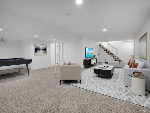 8694 E Eastman Ave, Denver, CO 80231 - living room with billiards, recessed lighting, stairs, and carpet floors