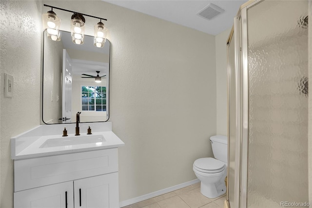 1717 Tulip St, Longmont, CO 80501 - bathroom featuring tile patterned floors, a shower stall, vanity, ceiling fan, and a textured wall