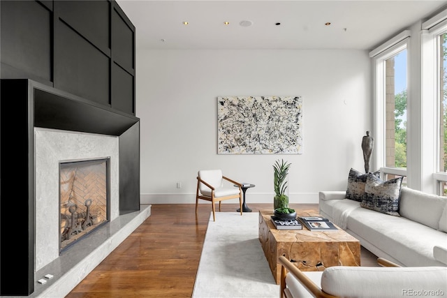 living room with dark wood-type flooring