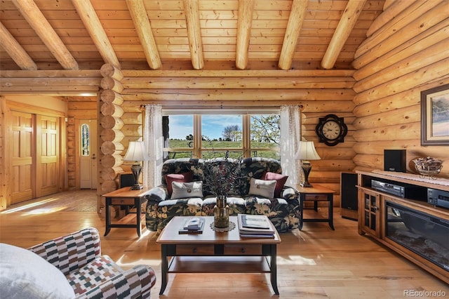 11690 Rampart Range Rd, Woodland Park, CO 80863 - living area featuring wooden ceiling, light wood-type flooring, and log walls