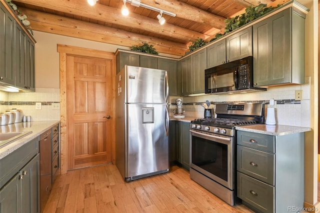 11690 Rampart Range Rd, Woodland Park, CO 80863 - kitchen featuring stainless steel appliances, wooden ceiling with exposed beams, light wood-style flooring, tasteful backsplash, and light stone countertops