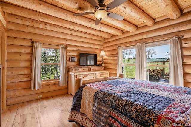 11690 Rampart Range Rd, Woodland Park, CO 80863 - bedroom with wood ceiling with exposed beams, wood-type flooring, and log walls