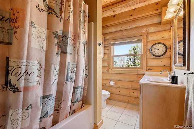 11690 Rampart Range Rd, Woodland Park, CO 80863 - full bath featuring rustic walls, vanity, toilet, tile patterned flooring, and shower / bath combo with shower curtain