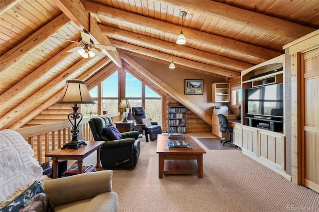 11690 Rampart Range Rd, Woodland Park, CO 80863 - living area with wooden ceiling, a ceiling fan, and carpet flooring