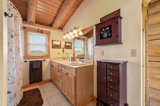 11690 Rampart Range Rd, Woodland Park, CO 80863 - bathroom with wooden ceiling, double vanity, healthy amount of natural light, and tile patterned floors